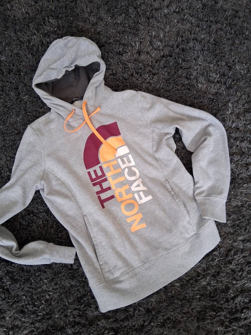 The North Face Gray Hoodie with Orange & Maroon Logo